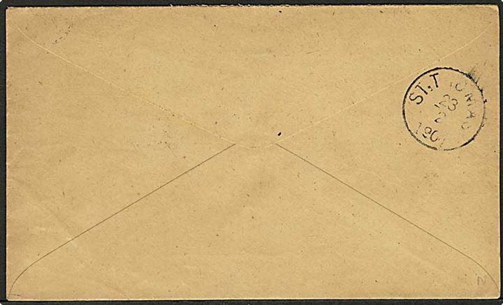 2 cents Våben single på lokalbrev annulleret med stumt 4-ringstempel til St. Thomas. På bagsiden ank.stemplet St. Thomas d. 23.2.1904.