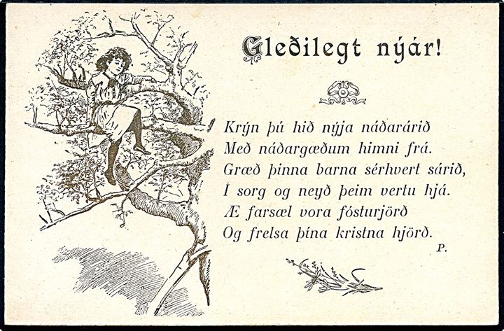 Thorvaldsen Foreningen Julemærke med utakket underkant på ufrankeret lokalt nytårskort i Reykjavik d. 31.12.1914.