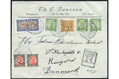 3 aur, 4 aur (2), 10 aur (3) Chr. X og 10 aur Landskab på anbefalet brev rfra Reykjavik d. 22.4.1926 til Ringsted, Danmark.
