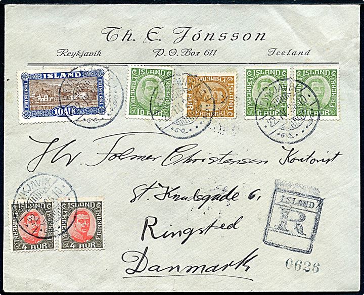 3 aur, 4 aur (2), 10 aur (3) Chr. X og 10 aur Landskab på anbefalet brev rfra Reykjavik d. 22.4.1926 til Ringsted, Danmark.
