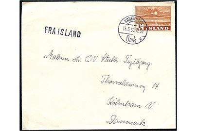 1 kr. Hekla single på skibsbrev fra Reykjavik annulleret København Omk d. 15.5.1950 og sidestemplet Fra Island til København, Danmark.