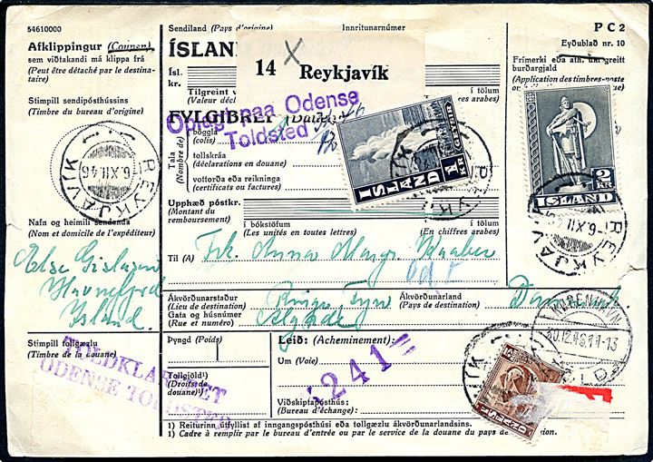 5 aur Torsk, 1 kr. Geysir og 2 kr. Viking på internationalt adressekort for pakke fra Reyjavik d. 6.12.1946 via København til Ringe, Danmark.