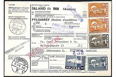 1 kr. Geysir, 2 kr., 5 kr. og 10 kr. (2) Viking på 28 kr. frankeret adressekort for pakke fra Akureyri d. 22.2.1946 til København, Danmark. Ank.stemplet i København d. 15.3.1946. Smuk forsendelse.
