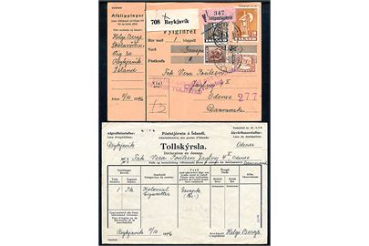 5 aur Torsk, 65 aur Gullfoss, 5 kr. og 10 kr. Viking på adressekort for pakke fra Reykjavik d. 11.11.1946 via København til Odense, Danmark.