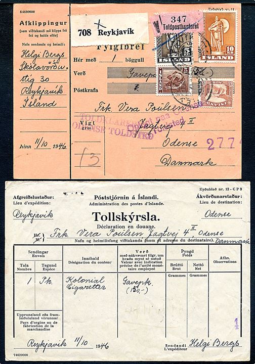 5 aur Torsk, 65 aur Gullfoss, 5 kr. og 10 kr. Viking på adressekort for pakke fra Reykjavik d. 11.11.1946 via København til Odense, Danmark.