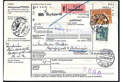 50 aur Torsk og 10 kr. Viking på internationalt adressekort for pakke fra Reykjavik d. 20.11.1946 via København til Helsingør, Danmark.