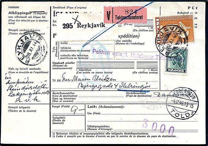 50 aur Torsk og 10 kr. Viking på internationalt adressekort for pakke fra Reykjavik d. 20.11.1946 via København til Helsingør, Danmark.
