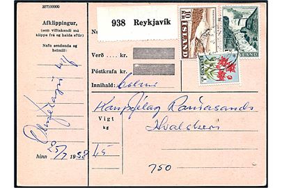 1 kr. Blomst, 5 kr. Gullfoss og 10 kr. Jökull på adressekort for pakke fra Reykjavik d. 25.7.1958 via Patreksfjördur til Hvalskeri.
