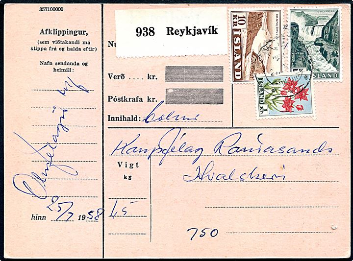 1 kr. Blomst, 5 kr. Gullfoss og 10 kr. Jökull på adressekort for pakke fra Reykjavik d. 25.7.1958 via Patreksfjördur til Hvalskeri.