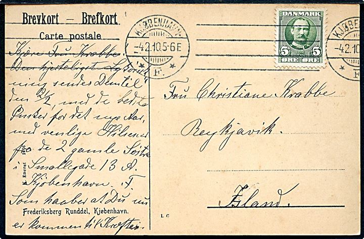 5 øre Fr. VIII på brevkort fra Kjøbenhavn d. 4.2.1910 til Reykjavik, Island.