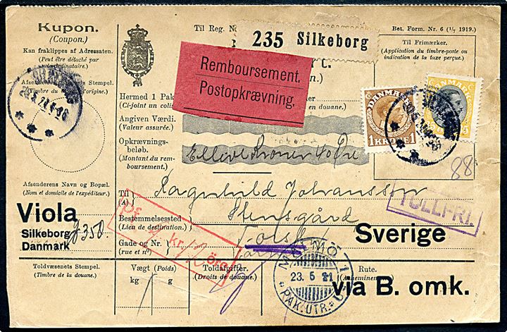 35 øre og 1 kr. Chr. X på internationalt adressekort for pakke med postopkrævning fra Silkeborg d. 20.5.1921 via Malmö til Torsby, Sverige.