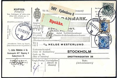 40 øre, 1 kr. og 2 kr. Chr. X på internationalt adressekort for ilpakke fra Kjøbenhavn 8 d. 27.8.1923 til Stockholm, Sverige. Påsat etiket - formular Nr. 97 b 122 Ilpakke.