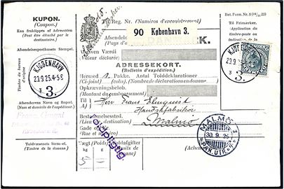 2 kr. Chr. X single på internationalt adressekort for pakke fra Kjøbenhavn 3 d. 29.9.1925 til Malmö, Sverige.