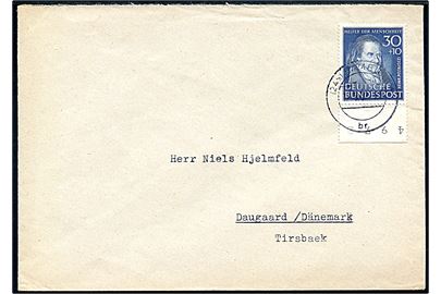 30+10 pfg. Pestalozzi single på brev fra Hamburg d. 12.5.1952 til Daugaard, Danmark.  Høj katalogværdi.