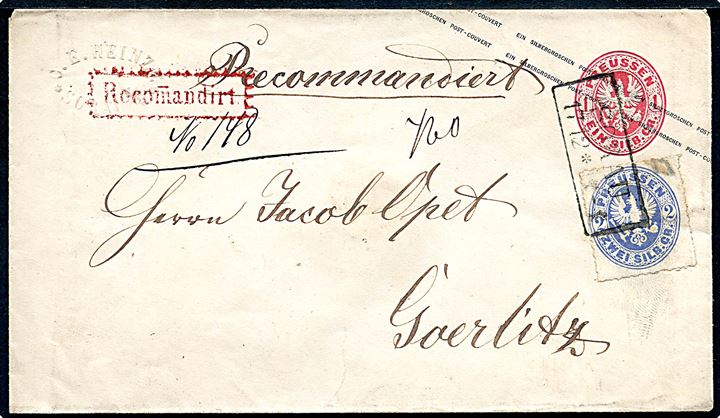 1 Sgr. helsagskuvert opfrankeret med 2 Sgr. Adler stukken kant sendt anbefalet med rammestempel Recomandirt fra Sorau d. 17.12.186x til Görlitz.