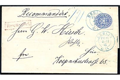 2 Sgr. Adler single på lokalt anbefalet brev i Berlin d. 3.11.1866. Rammestempel Recomandirt.