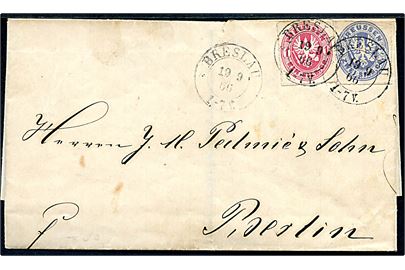 1 Sgr. og 2 Sgr. Adler stukken kant på brev fra Breslau d. 19.9.1866 til Berlin.