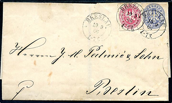 1 Sgr. og 2 Sgr. Adler stukken kant på brev fra Breslau d. 19.9.1866 til Berlin.