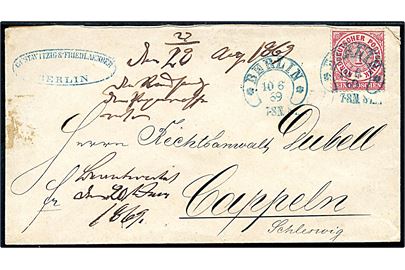 1 gr. single på brev annulleret med blåt hesteskostempel i Berlin d. 10.6.1869 til Cappeln, Schleswig.