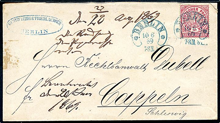 1 gr. single på brev annulleret med blåt hesteskostempel i Berlin d. 10.6.1869 til Cappeln, Schleswig.