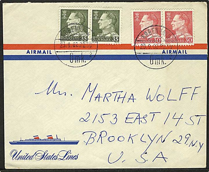 30 øre og 35 øre Fr. IX i parstykker på United States Lines luftpostkuvert fra København d. 23.9.1962 til Brooklyn, USA.