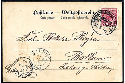 10 pfg Adler på brevkort (Gruss aus HAPAG dampfer Normannia) annulleret med skibsstempel Deutsch-Amerik. Seepost Hamburg - New York d. 13.6.1895 via New York d. 14.6.1895 til Ballum i Schleswig. Ank.skemplet med 2-ringsstempel Ballum d. 23.6.1895.