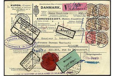 15 øre Karavel og 1 kr. Chr. X (5) på 5,15 kr. frankeret internationalt adressekort for værdipakke fra København d. 28.7.1934 til Bruxelles, Belgien.