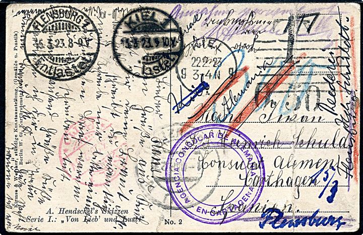 Ufrankeret soldater brevkort fra Kiel d. 22.2.1923 til sømand ombord på S/S Heinrich Schuldt c/o Tyske konsul i Cartagena i Spanien - eftersendt til Rederi i Flensburg med flere portostempler. Lodret fold.