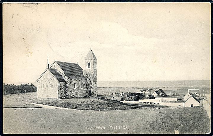 5 øre Bølgelinie på brevkort (Lynæs kirke) annulleret med stjernestempel LYNÆS og sidestemplet Frederiksværk d. 28.7.1913 til København.