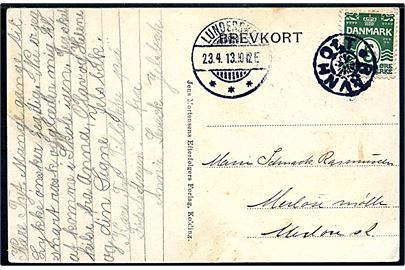 5 øre Bølgelinie på brevkort annulleret med stjernestempel RAVNHOLT og sidestemplet Lunderskov d. 23.4.1913 til Merløse St.