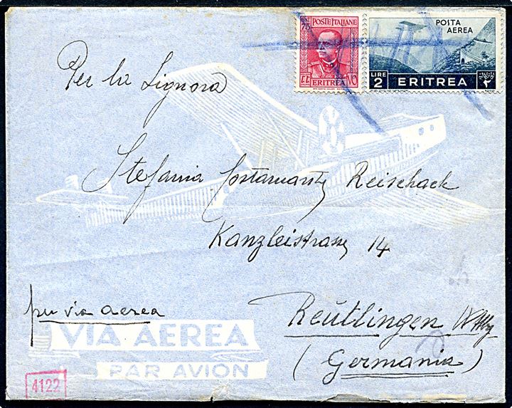 Eritrea. 75 c. og 2 l. annulleret med blåkridt på udateret luftpostbrev til Reutlingen, Tyskland. Åbnet af tysk censur.