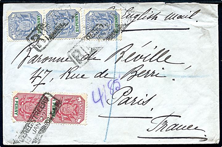 1d (par) og 2½d (3) på anbefalet brev annulleret med rammestempel i Johannesburg d. 19.1.1897 til Paris, Frankrig. Påskrevet Per English mail.