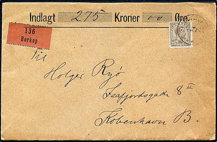 25 øre Chr. X single på værdibrev fra Børkop d. 17.8.1917 til København.