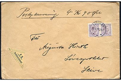 15 øre Chr. X i parstykke på brev med postopkrævning fra Løgstør d. 12.5.1919 til Skive.