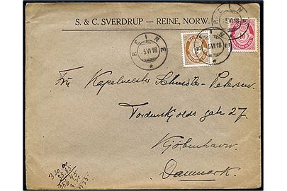 2 øre og 10 øre Posthorn på brev fra Reine d. 5.6.1918 til København, Danmark.