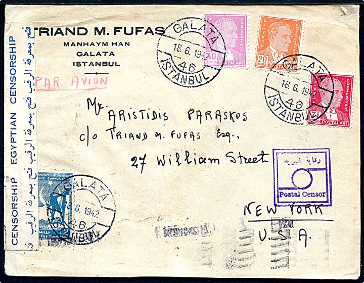 7½ k., 20 k. og 30 k. Atatürk, samt 2 k. velgørenhed på luftpostbrev fra Galata d. 18.6.1942 til New York, USA. Åbnet af egyptisk censur.