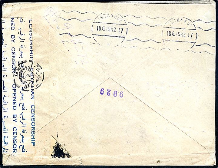 7½ k., 20 k. og 30 k. Atatürk, samt 2 k. velgørenhed på luftpostbrev fra Galata d. 18.6.1942 til New York, USA. Åbnet af egyptisk censur.
