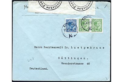 5 øre (par) og 20 øre Chr. X på 2. vægtkl. brev fra Kjøbenhavn d. 17.4.1917 til Göttingen, Tyskland. Åbnet af tysk censur i Hamburg.