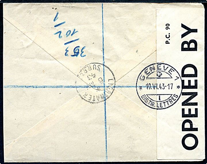 8d George VI single på anbefalet luftpostbrev fra Lightwater d. 6.5.1943 til International Røde Kors i Geneva, Schweiz. Åbnet af britisk censur PC90/2836. 