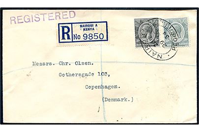 Kenya and Uganda 10 c. og 50 c. George V på anbefalet brev fra Nairobi d. 29.12.1934 til København, Danmark.