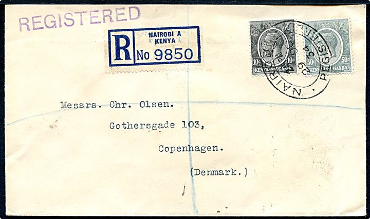 Kenya and Uganda 10 c. og 50 c. George V på anbefalet brev fra Nairobi d. 29.12.1934 til København, Danmark.