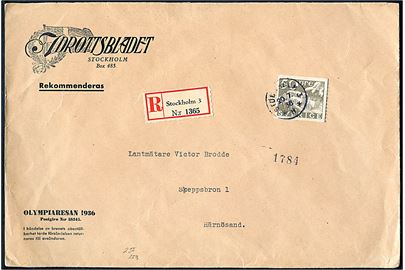 50 öre Postjubilæum single på anbefalet fortrykt kuvert fra Idrottsbladet mærket Olympiaresan 1936 fra Stockholm d. 20.7.1936 til Härnösand.
