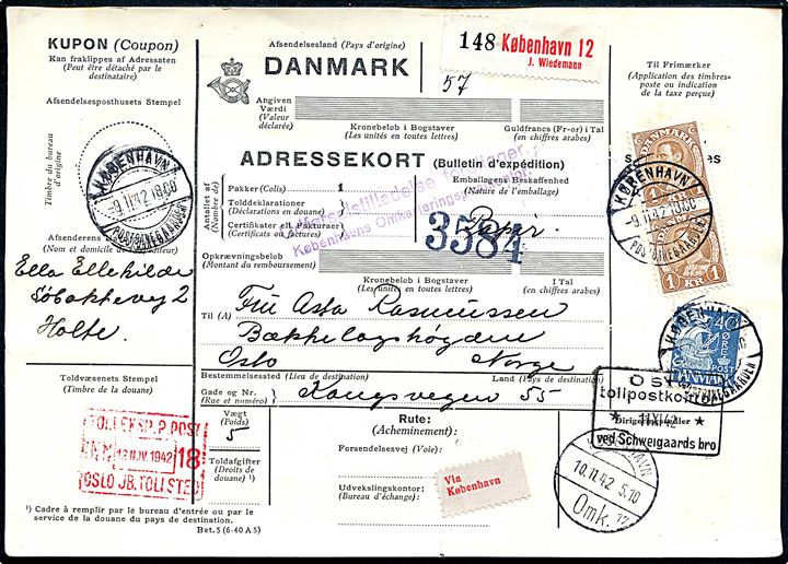 40 øre Karavel og 1 kr. Chr. X i parstykke på internationalt adressekort for pakke fra København Postbanegaarden d. 9.11.1942 via Oslo til Bækkelagshøgden, Norge. 