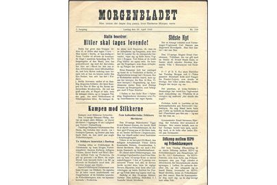 Morgenbladet, 1. Aargang no. 138 d. 28.4.1945. Illustreret illegalt blad på 4 sider i ca. A4 format.