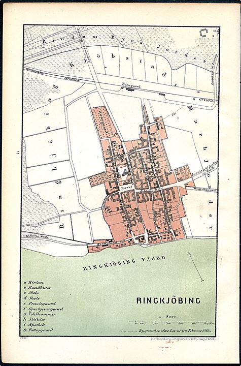 Ringkøbing. Flerfarve bykort 14x22 cm fra Trap Danmark 2. udg. (1872-1879).