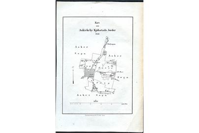 Aakirkeby Købstads jorde 1858. Bykort 14x22 cm fra Trap Danmark 1. udg. (1856-1859).