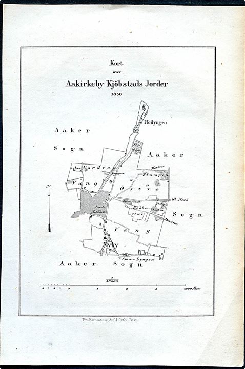Aakirkeby Købstads jorde 1858. Bykort 14x22 cm fra Trap Danmark 1. udg. (1856-1859).