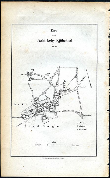 Aakirkeby Købstad 1858. Bykort 14x22 cm fra Trap Danmark 1. udg. (1856-1859).
