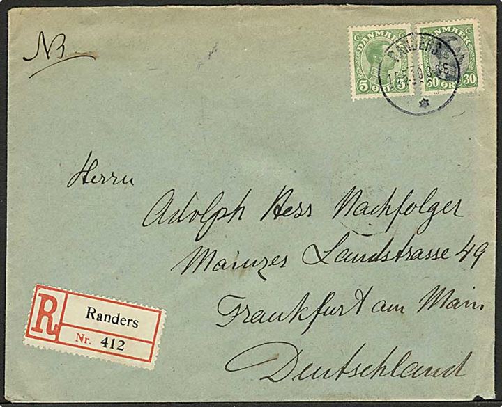 5 øre og 30 øre Chr. X på anbefalet brev fra Randers d. 15.5.1919 til Frankfurt, Tyskland.