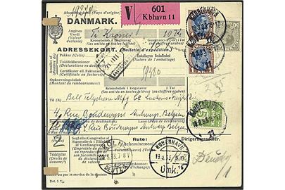 5 øre Bølgelinie, 50 øre og 1 kr. (2) Chr. X på 2,55 kr. frankeret internationalt adressekort for værdipakke fra København d. 18.3.1933 til Antwerpen, Belgien.